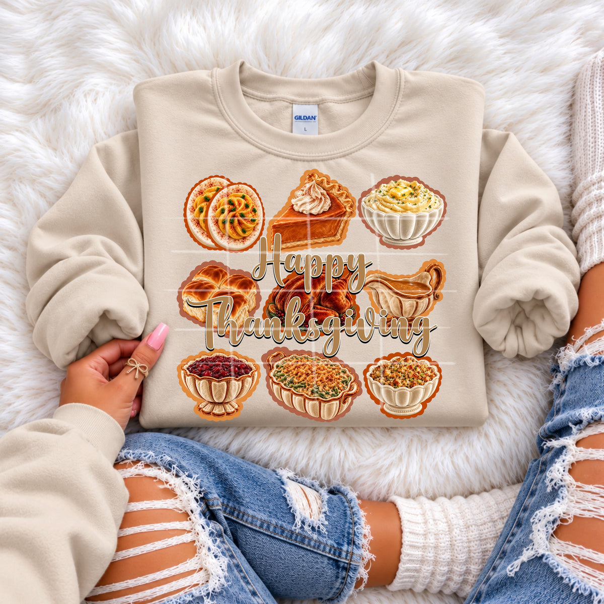 Happy Thanksgiving font in middle - stacked thanksgiving food items (SG) DTF Transfer