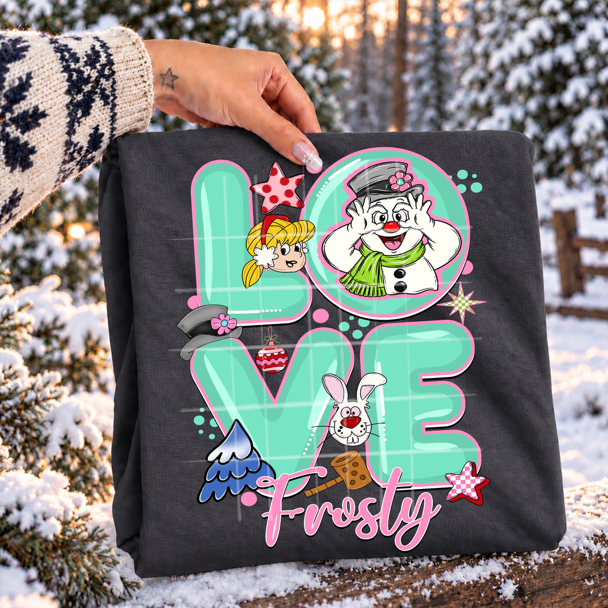 Love snowman teal filled pink outline (TDC) DTF Transfer