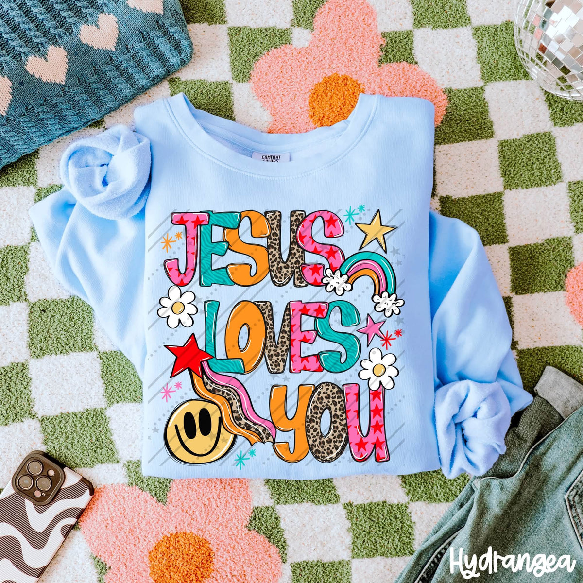 Jesus loves you rainbow flowers and happy face (Carter) DTF Transfer