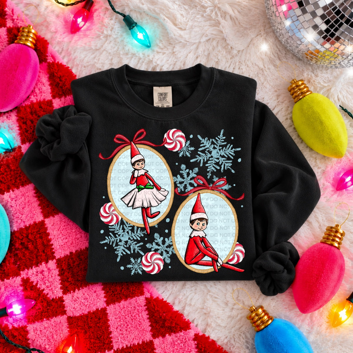Boy and Girl elf in frame with snowflakes and peppermint candy (SCG) DTF Transfer