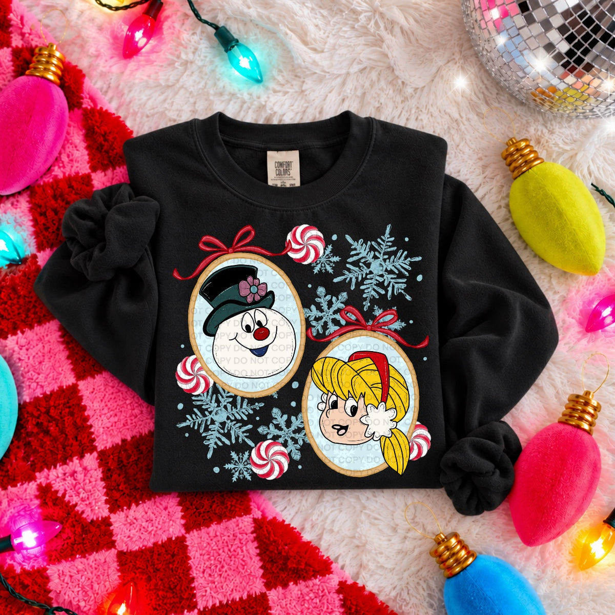 Snowman and girl in frame with snowflakes and peppermint candy (SCG) DTF Transfer