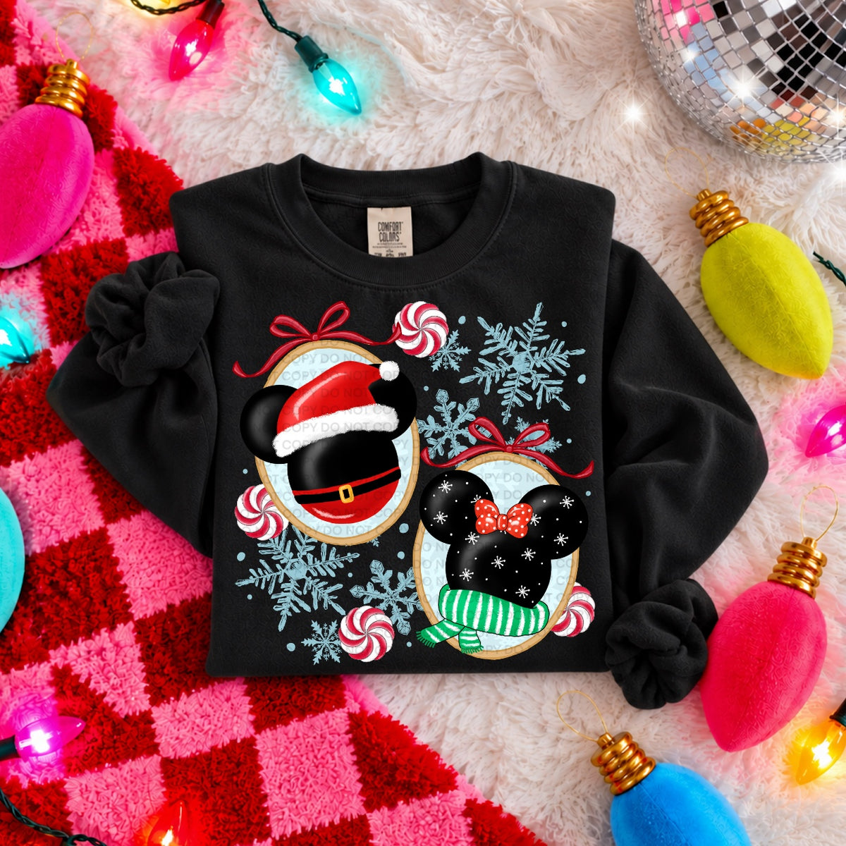 Boy and Girl mouse ears in frame with snowflakes and peppermint candy (SCG) DTF Transfer