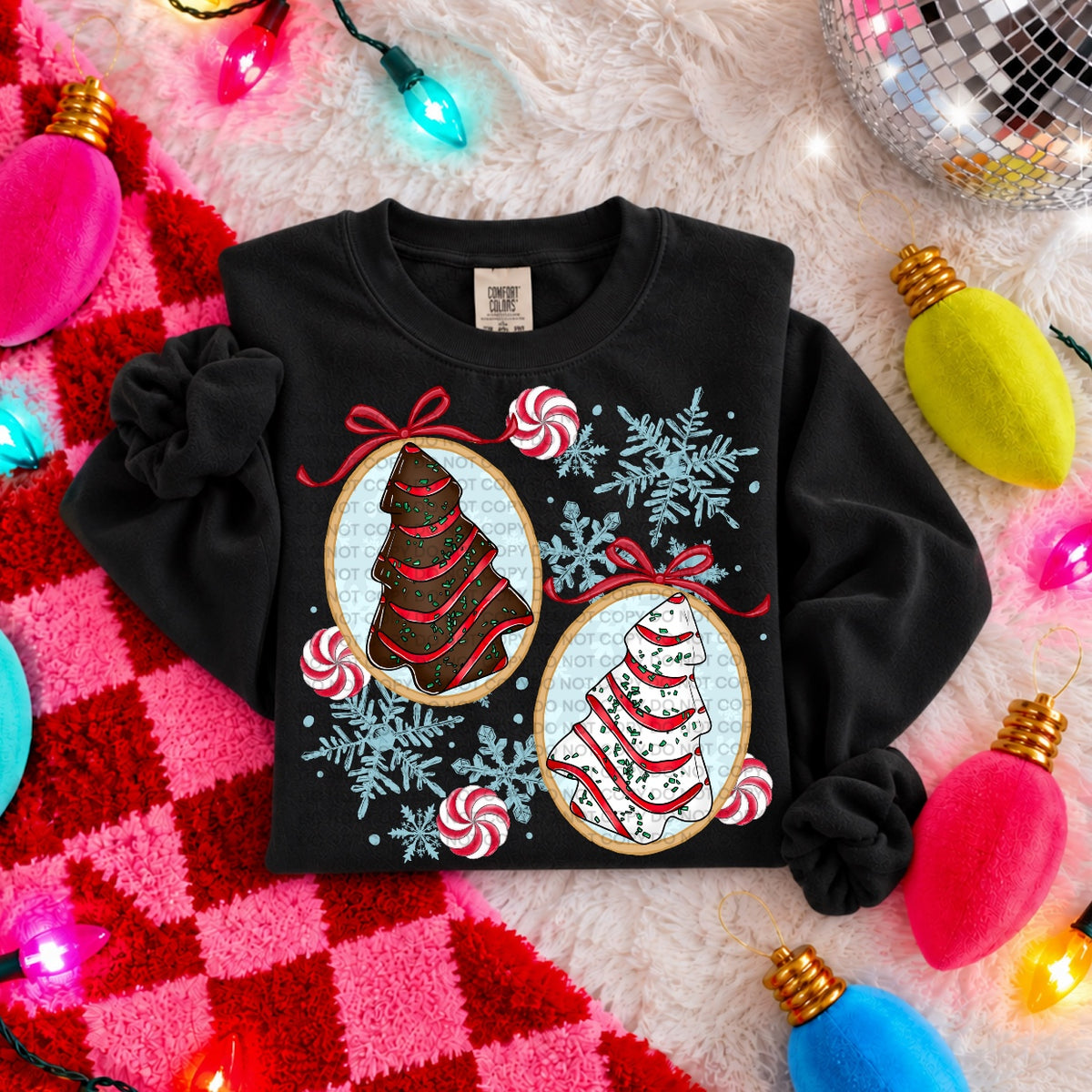 Christmas tree cakes in frame with snowflakes and peppermint candy (SCG) DTF Transfer