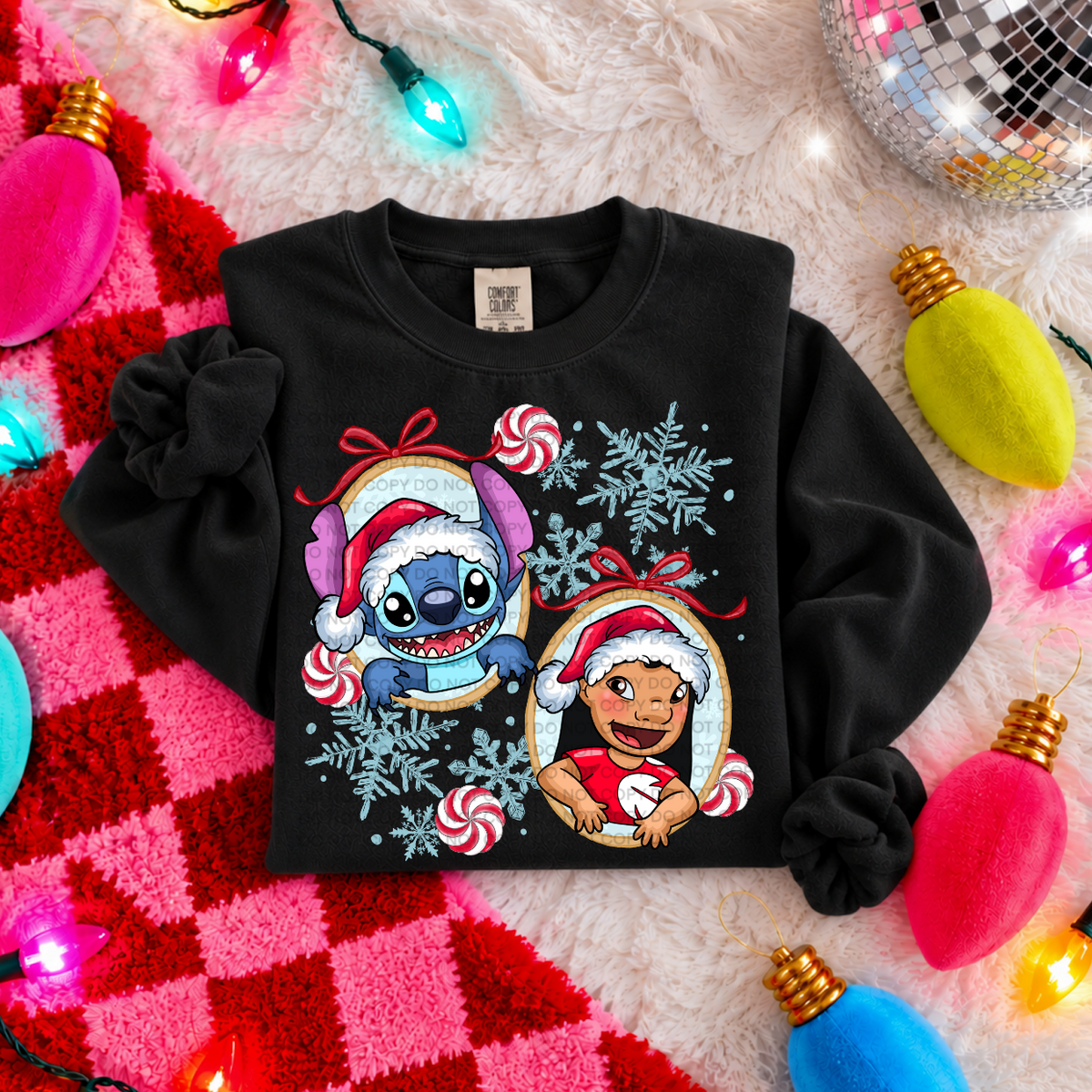 Blue alien and girl in frame with snowflakes and peppermint candy (SCG) DTF Transfer