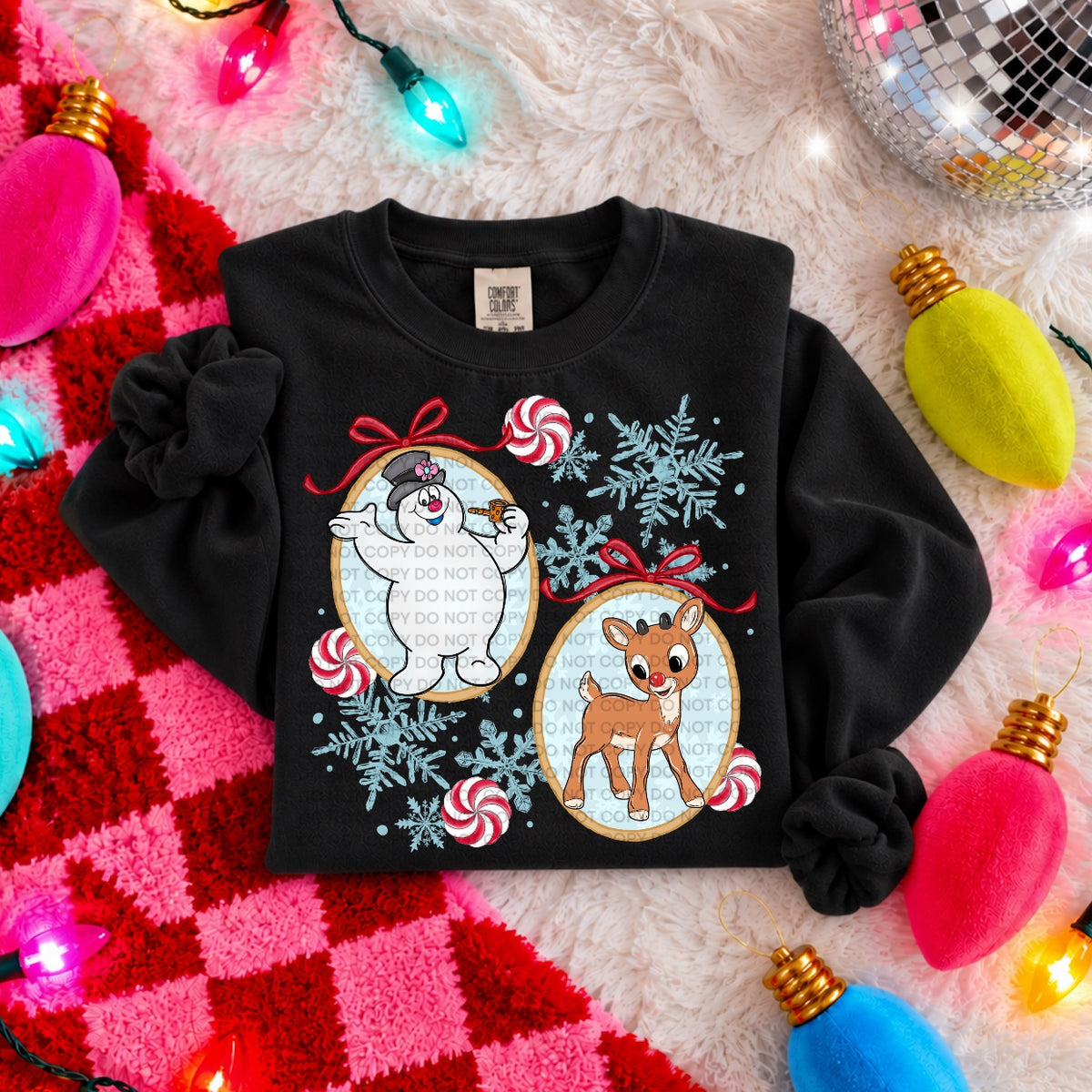 Snowman and deer in frame with snowflakes and peppermint candy (SCG) DTF Transfer