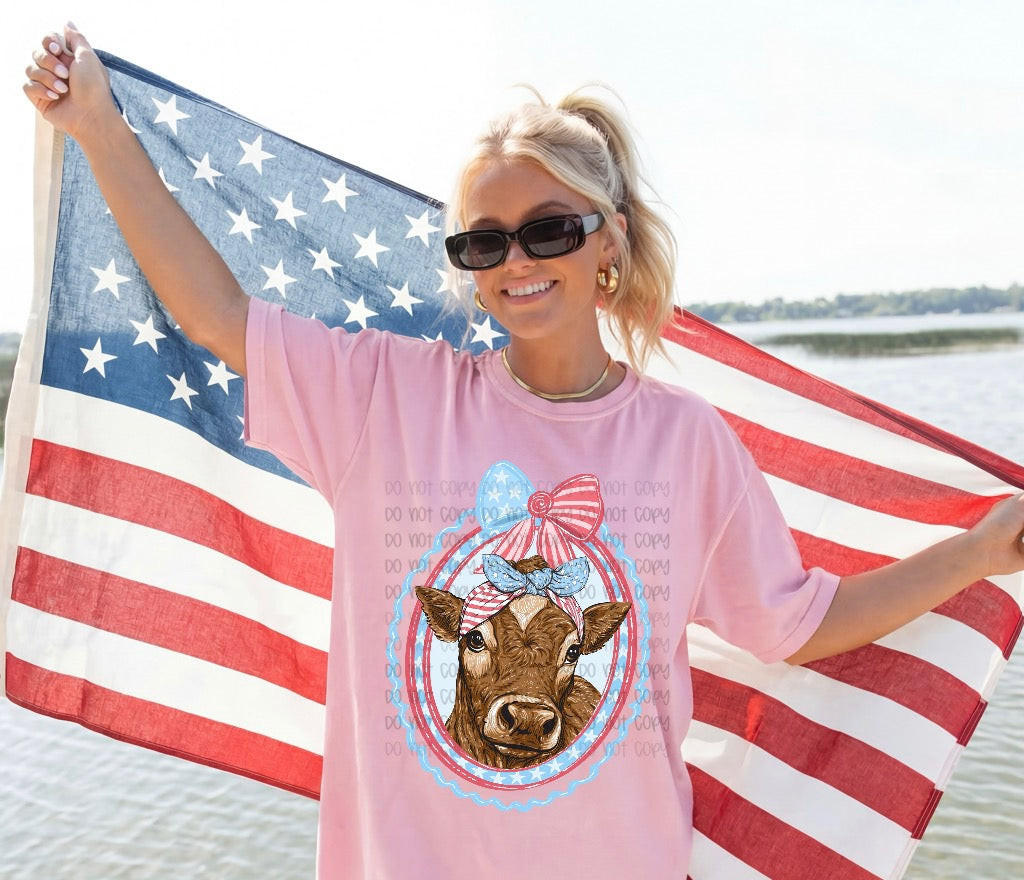 Patriotic brown cow oval frame (Renewed) DTF Transfer