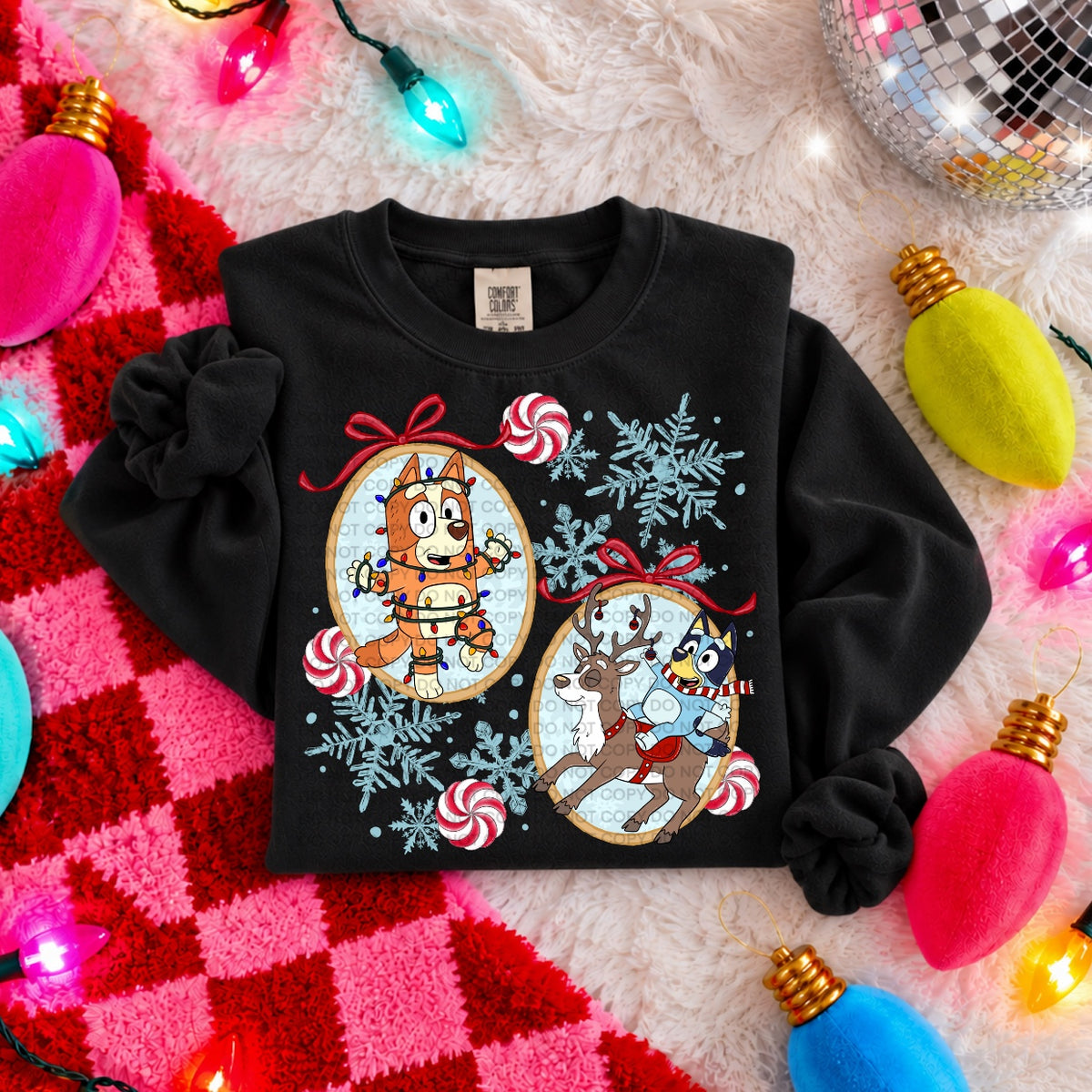 Blue dog and sister  in frame with snowflakes and peppermint candy (SCG) DTF Transfer