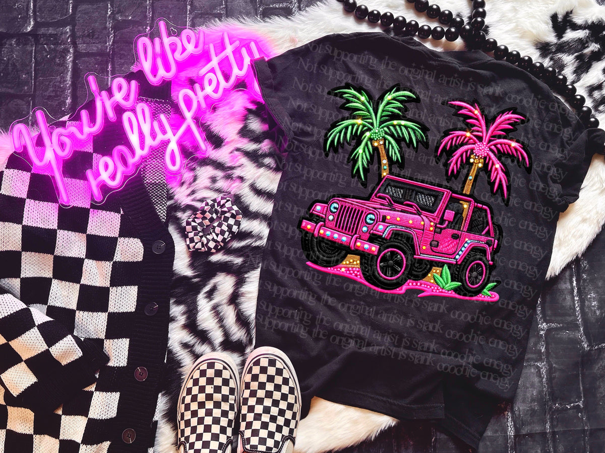 Sparkly pink J with palm trees (GWD) DTF transfer