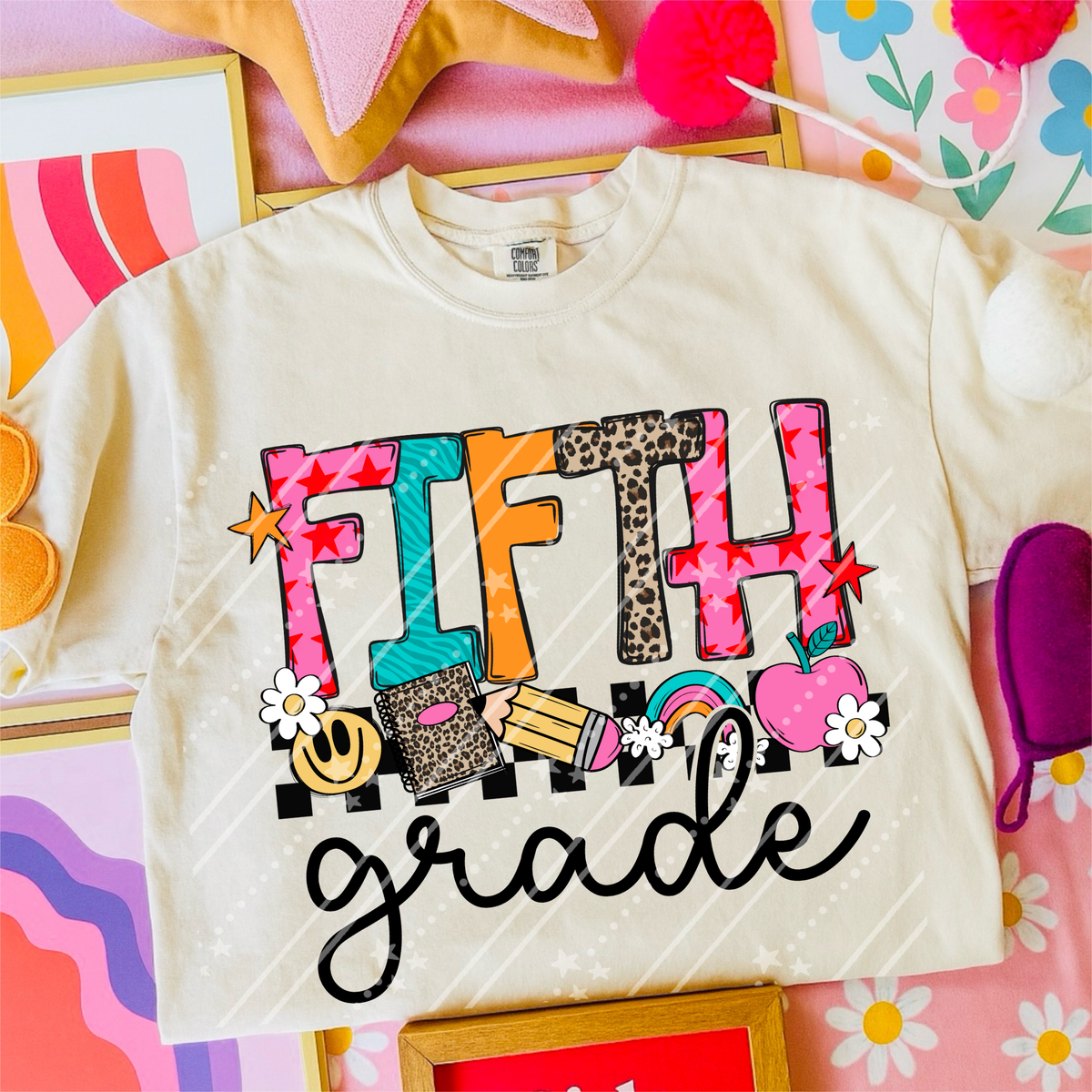 Fifth grade rainbow and pink apple (Carter) DTF Transfer