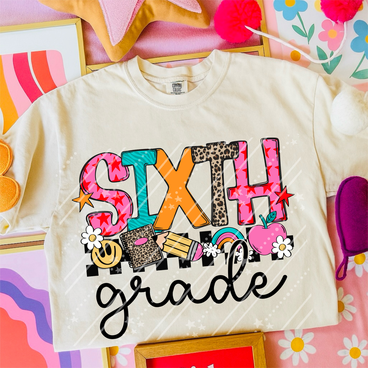 Sixth grade rainbow and pink apple (Carter) DTF Transfer