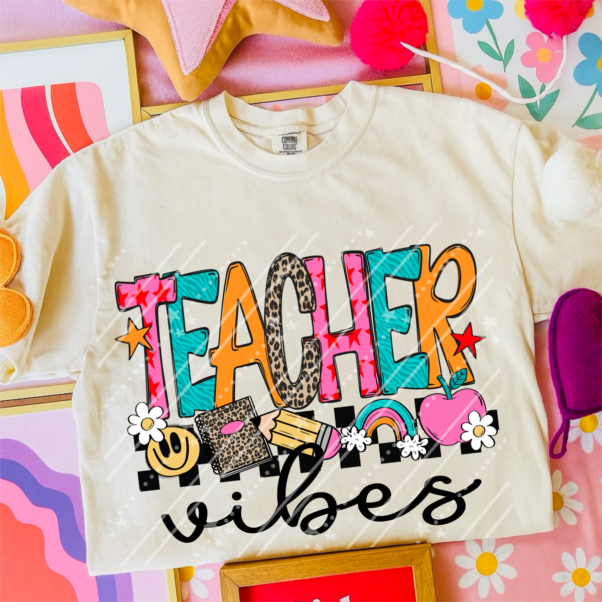 Teacher vibes rainbow and pink apple (Carter) DTF Transfer