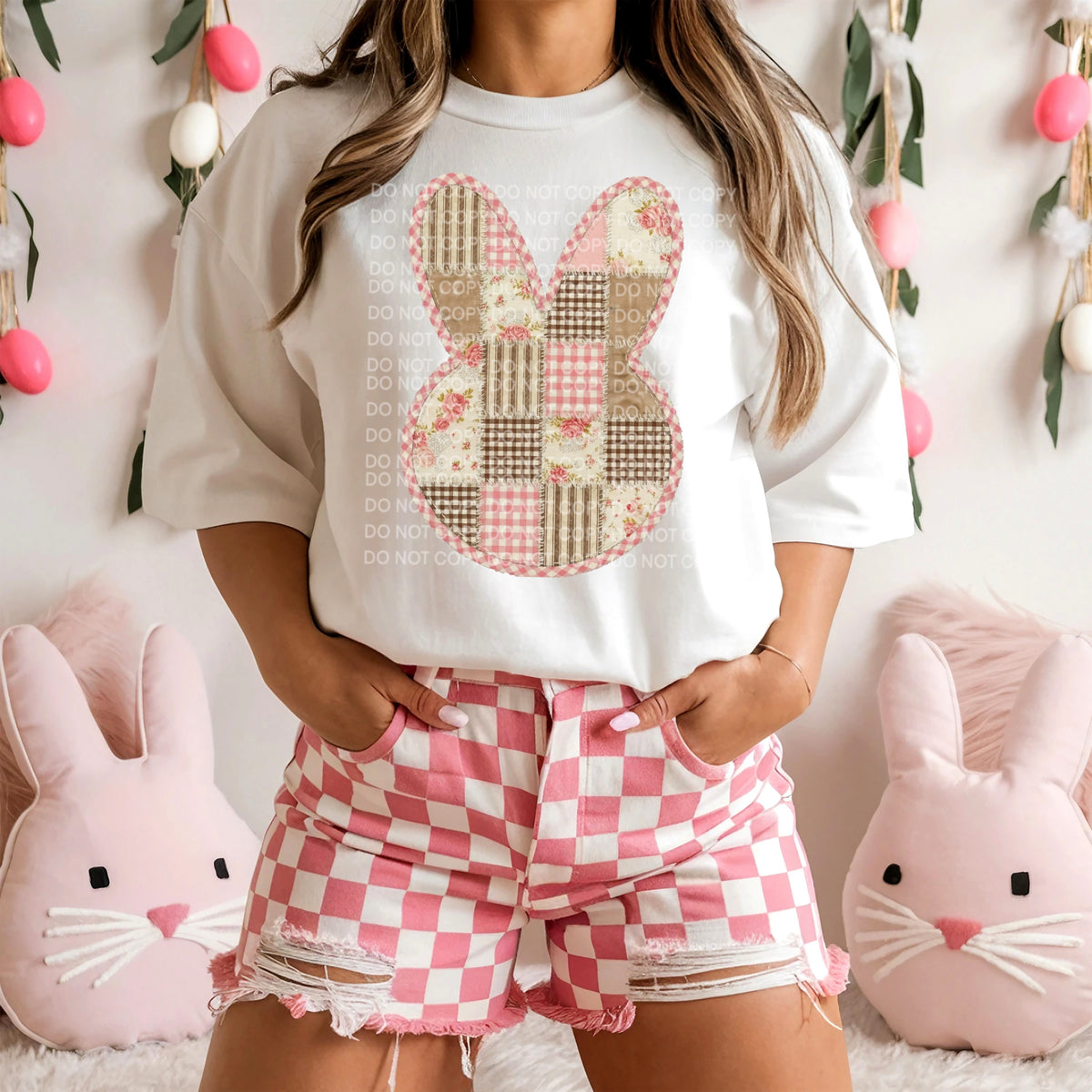 Faux Patchwork bunny head brown strips (SCG) DTF Transfer