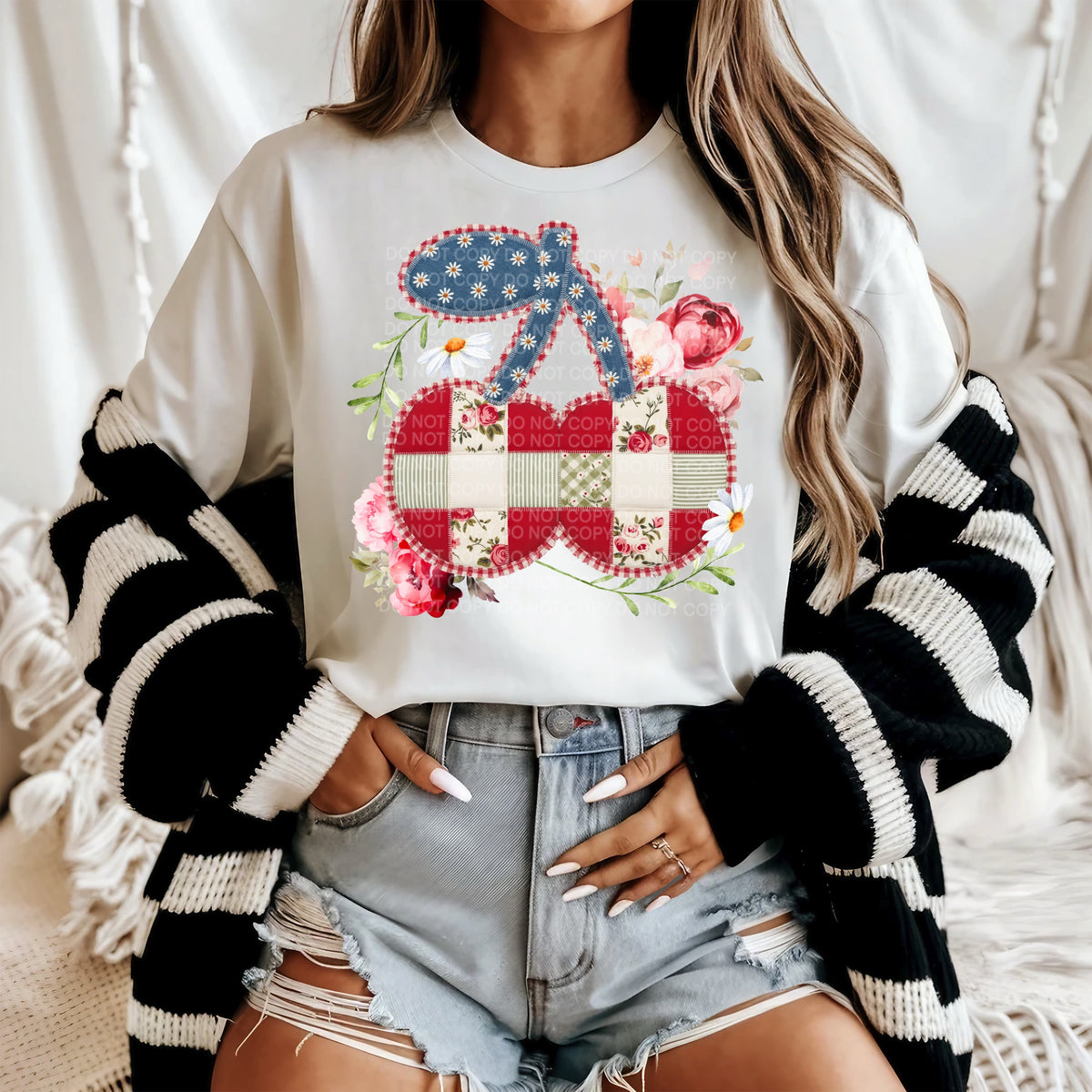 Faux Patchwork cherries floral frame (SCG) DTF Transfer