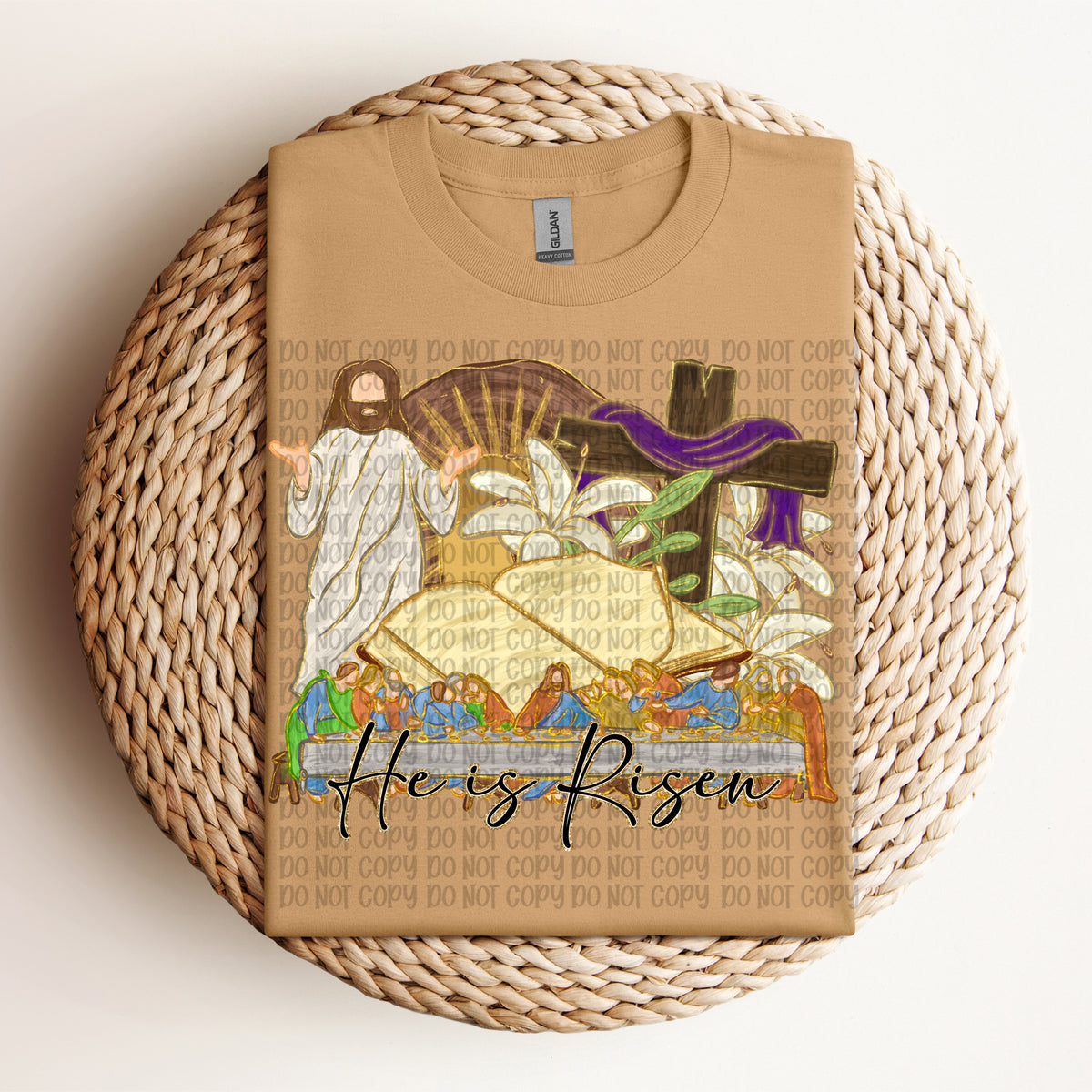 He is risen (last supper, cross with purple fabric & bible) (VP) DTF Transfer