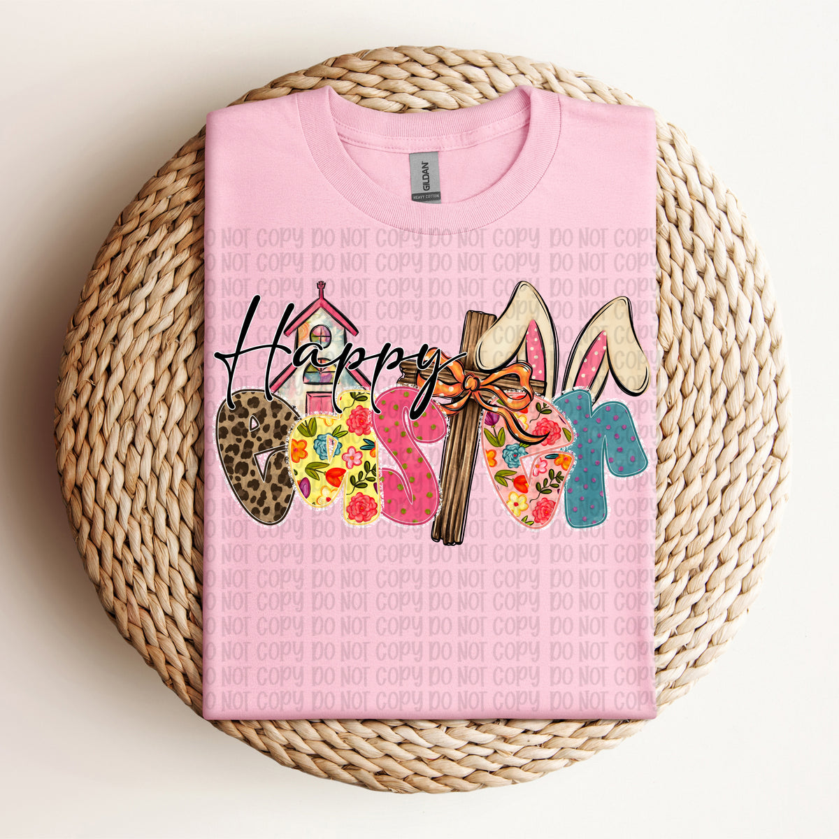 Happy Easter (cross, ears, pink church) (VP) DTF Transfer