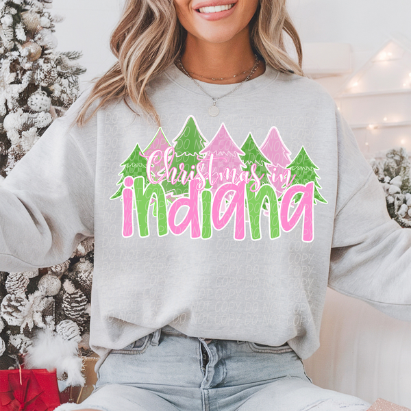 Christmas In Indiana Green Pink White Outline 74233 DTF Transfer