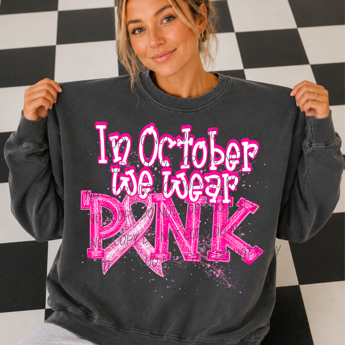 In October we wear PINK- white font (CITY) DTF Transfer