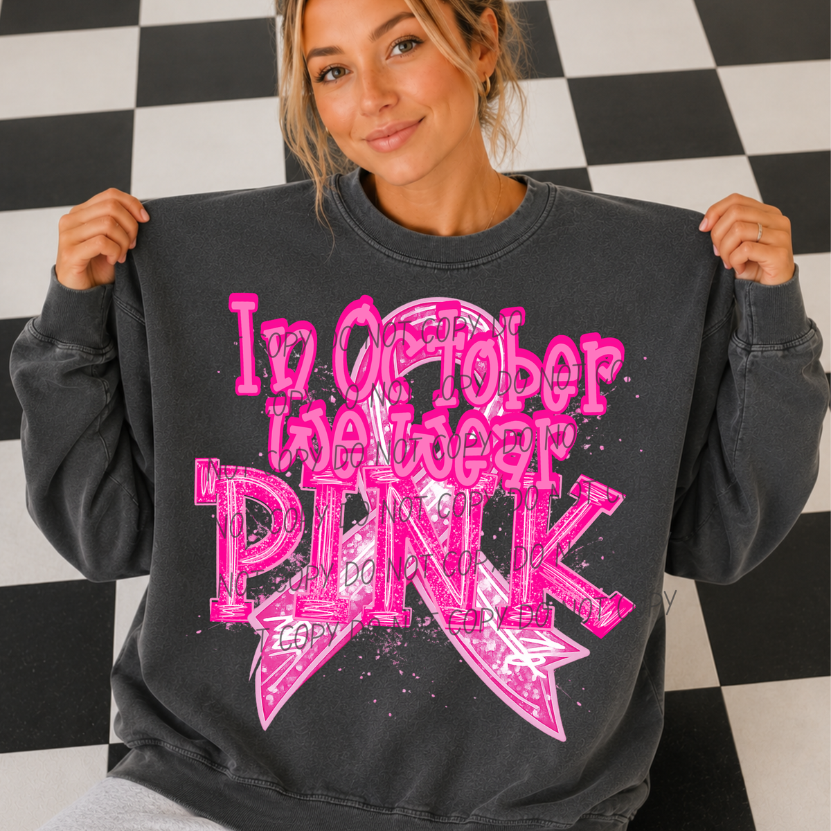 In October we wear PINK-white in ribbon/ pink specks (CITY) DTF Transfer