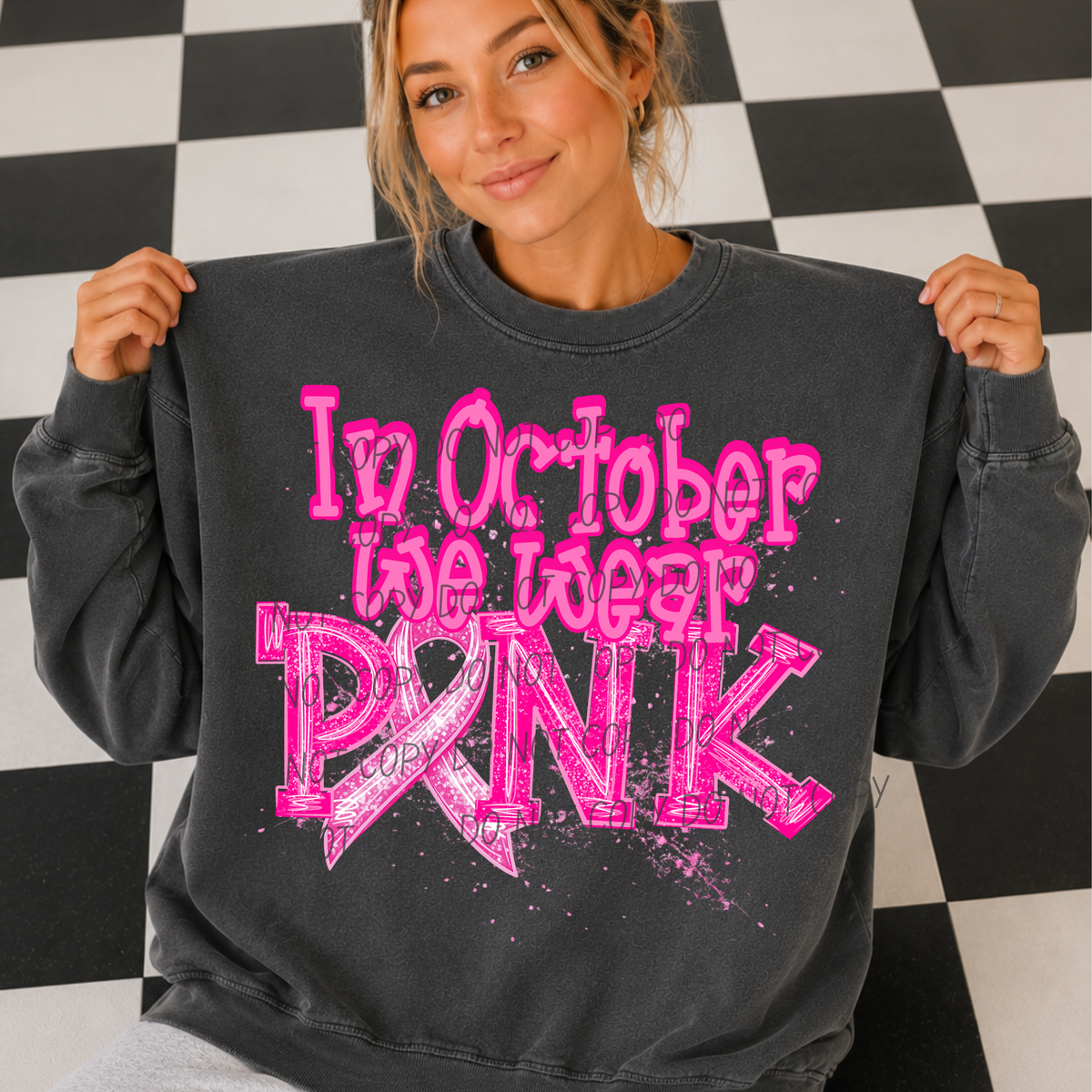 In October we wear PINK- pink font (CITY) DTF Transfer