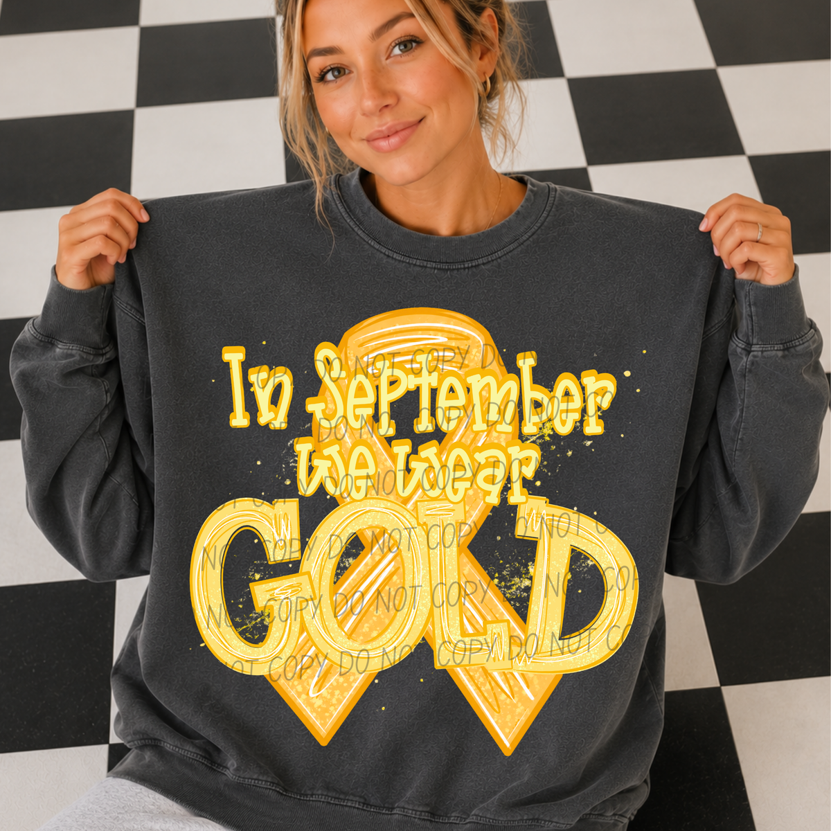 In October we wear GOLD- white in ribbon /gold specks (CITY) DTF Transfer