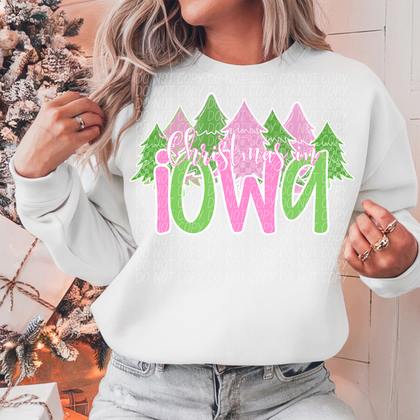 Christmas In Iowa Green Pink White Outline 74231 DTF Transfer