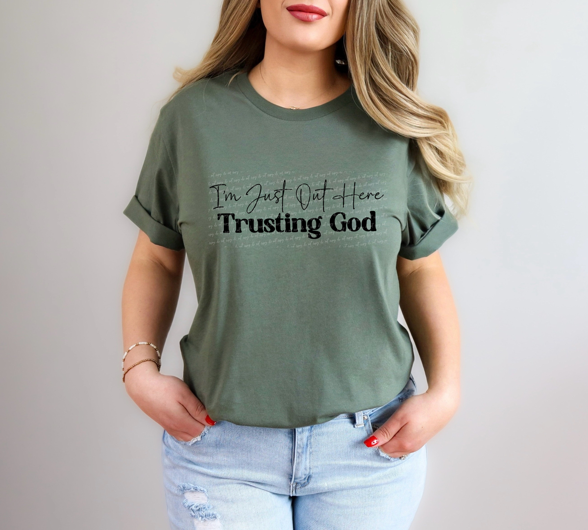 I'm Just Out Here Trusting God Cursive And Serif Font Black 89417 DTF Transfer