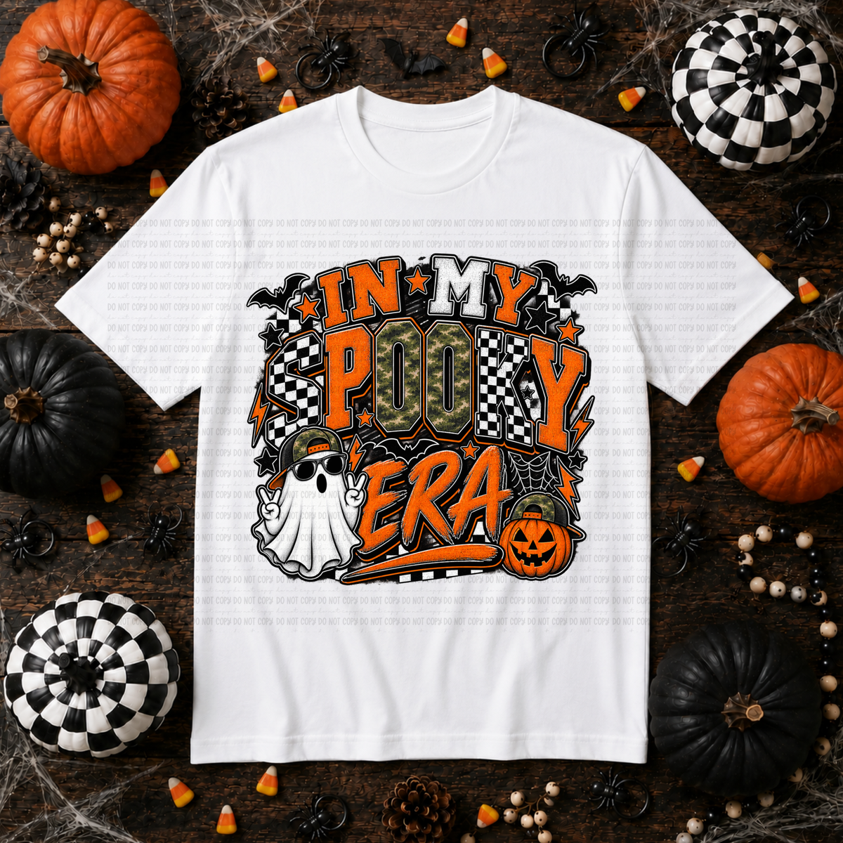 In my spooky era camo orange and checkered print (Revel) DTF transfer