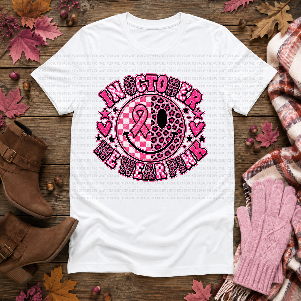 In October we wear pink smiley face (Revel) DTF transfer