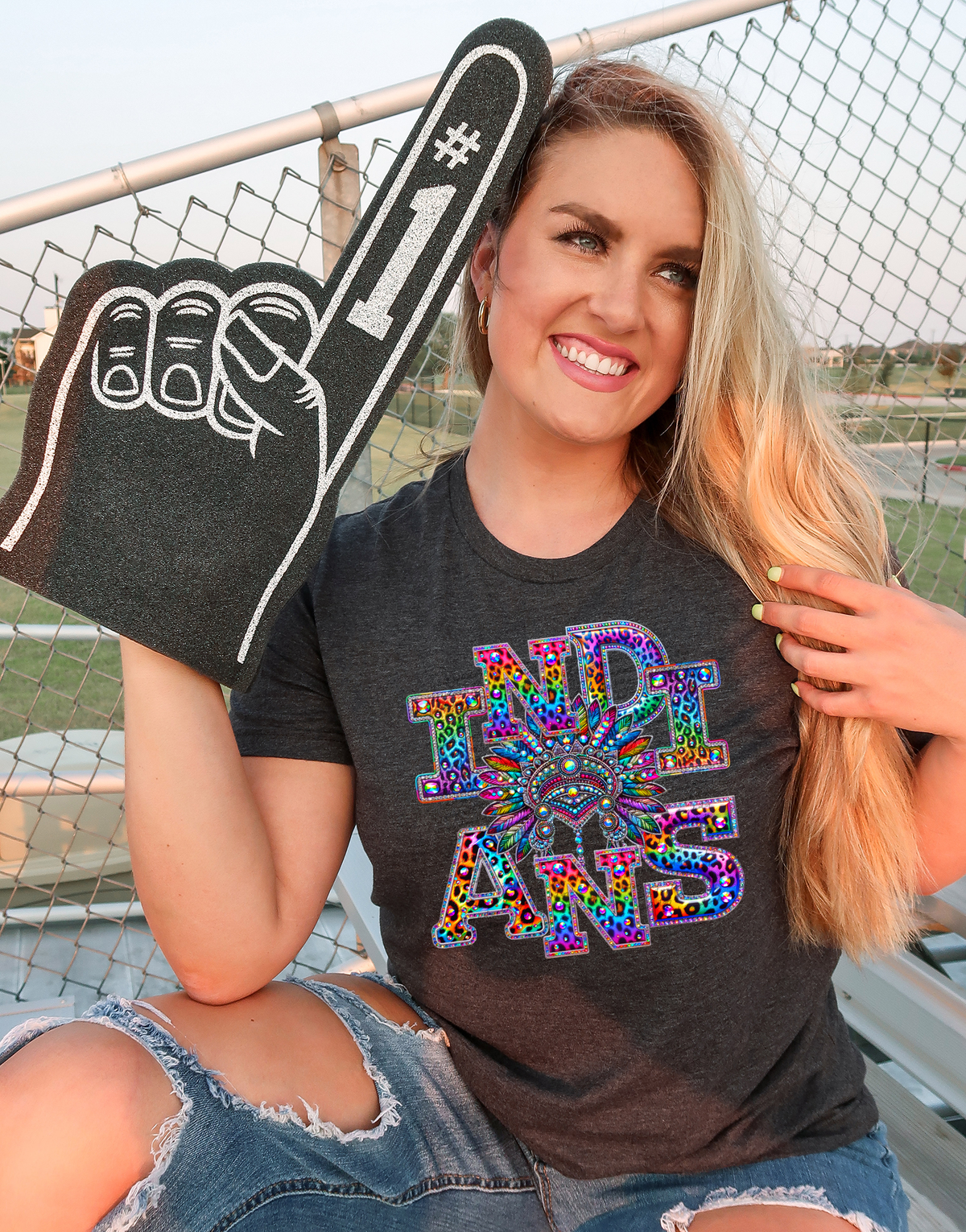 Indians Mascots Rhinestone Leopard Rainbow 42887 DTF transfer