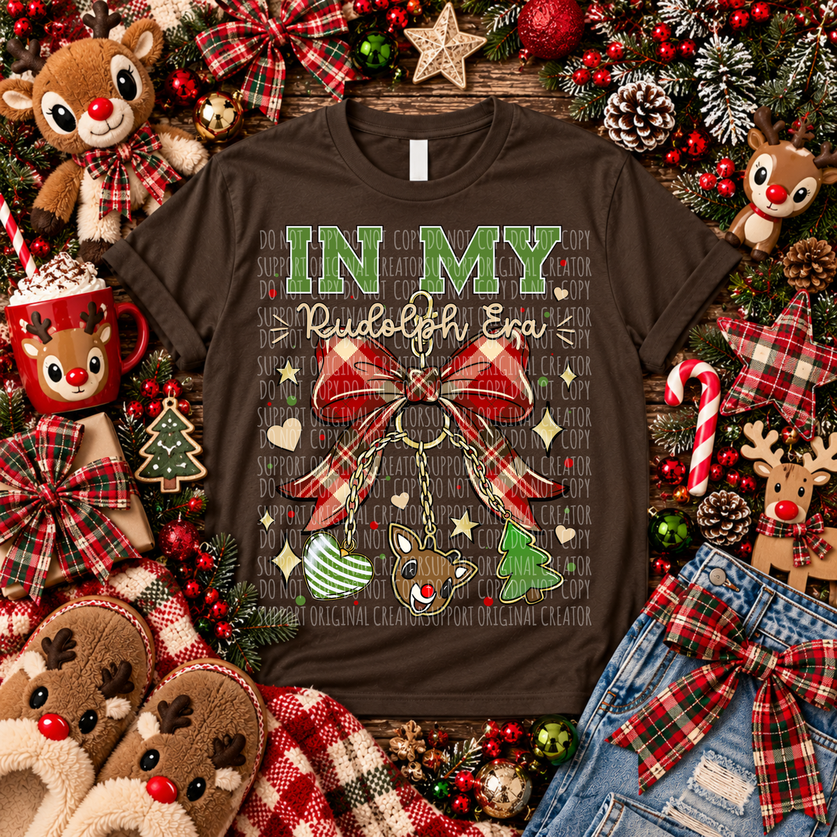 In my reindeer era keychain with plaid bow (Starlight) DTF