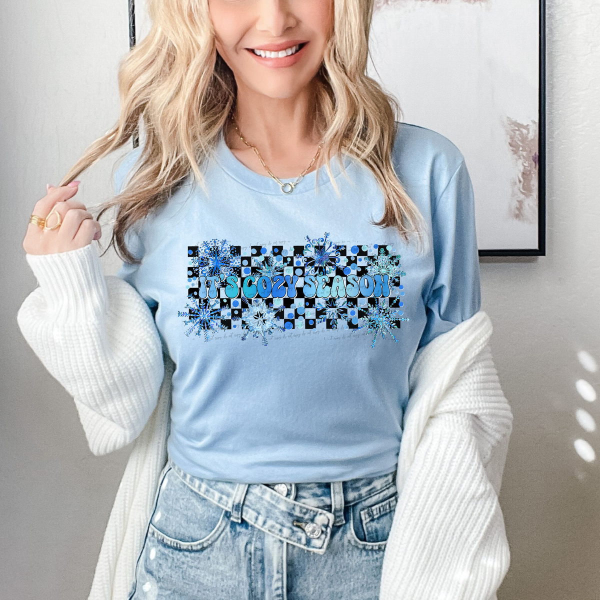 It's Cozy Season blue checkered background snowflakes 115208 DTF Transfer