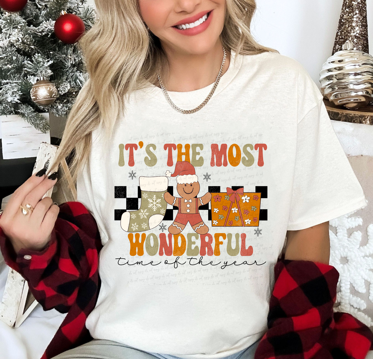 It's The Most Wonderful Time of The Year Gingerbread Sock Gift Checkered 114836 DTF transfer