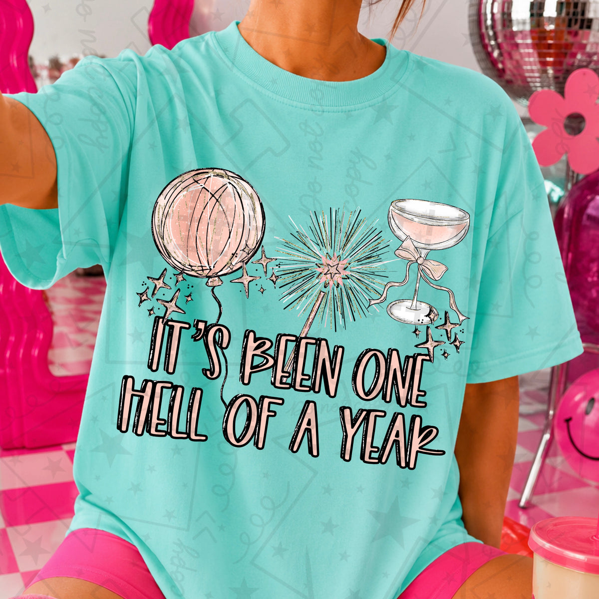 It's been one hell of a year balloon sparkler and champagne glass pink (HW) DTF Transfer