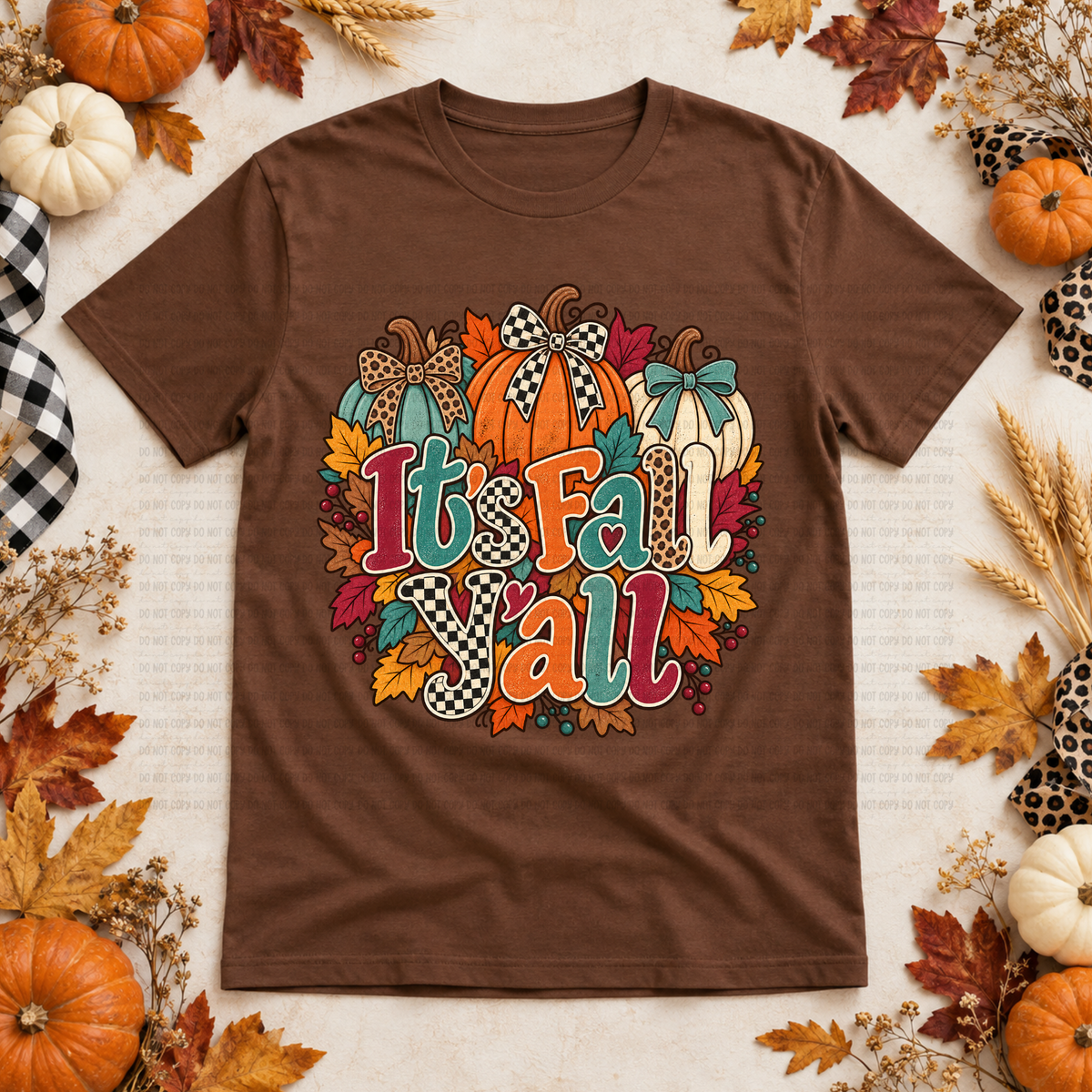 It's fall y'all pumpkin trio with cheetah checkered and teal bow (Revel) DTF Transfer