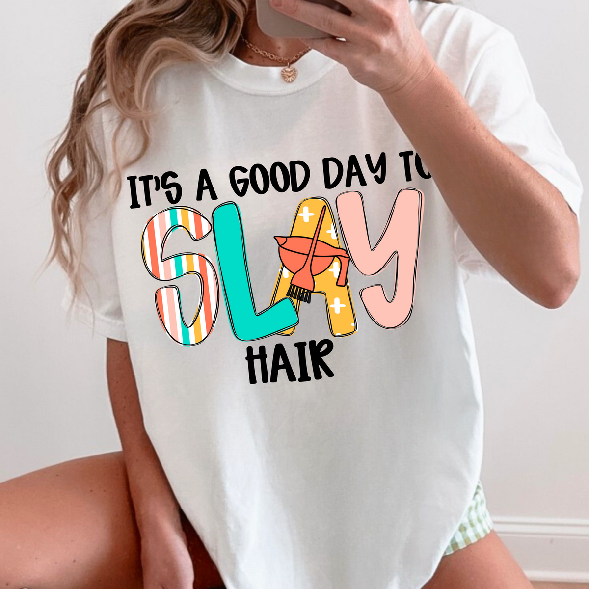 It's a good day to slay hair BLACK (CMD) DTF transfer