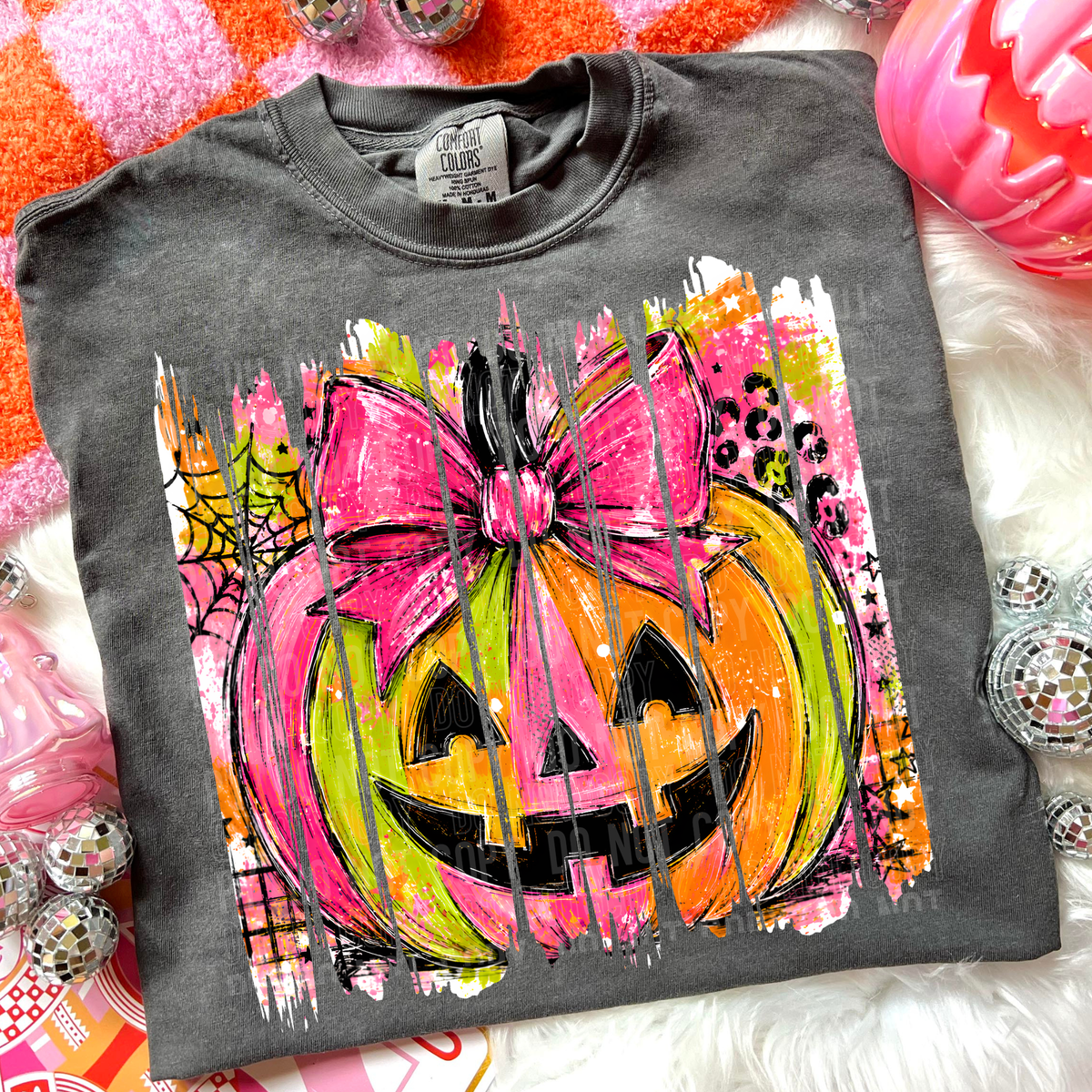 Jack o lantern pink bow brushstrokes DTF Transfer