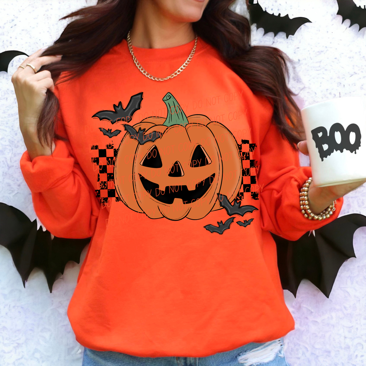 Jack-o-lantern with bats and checkered background (City) DTF Transfer