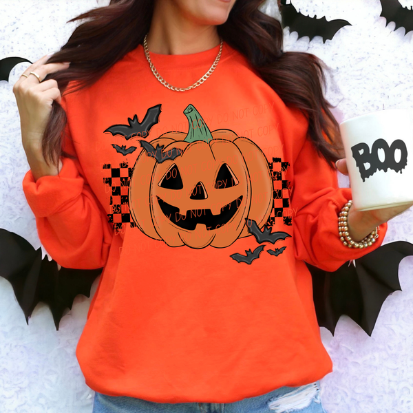Jack-o-lantern with bats and checkered background (City) DTF Transfer