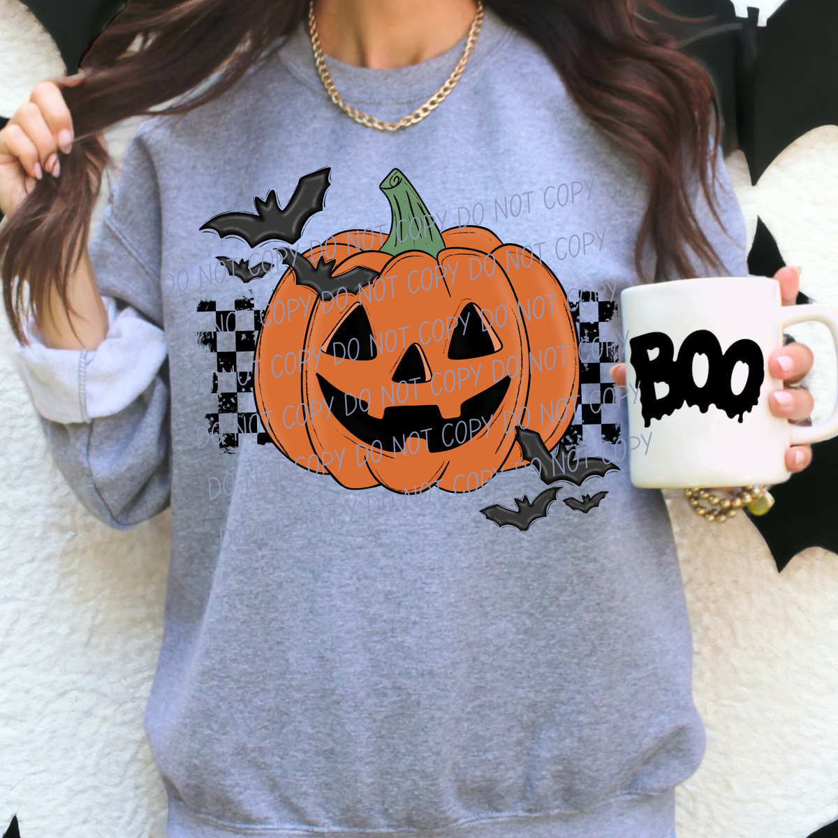 Jack-o-lantern with bats and checkered background (City) DTF Transfer
