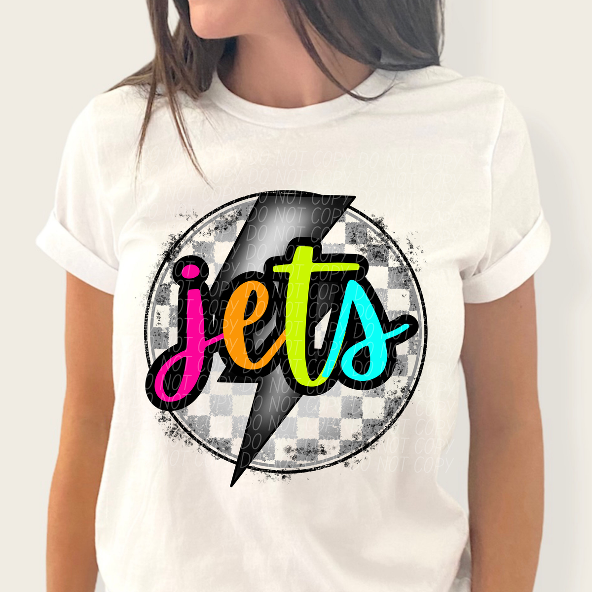 Jets BRIGHT COLORS FONT lightning bolt circle CITY DTF transfer