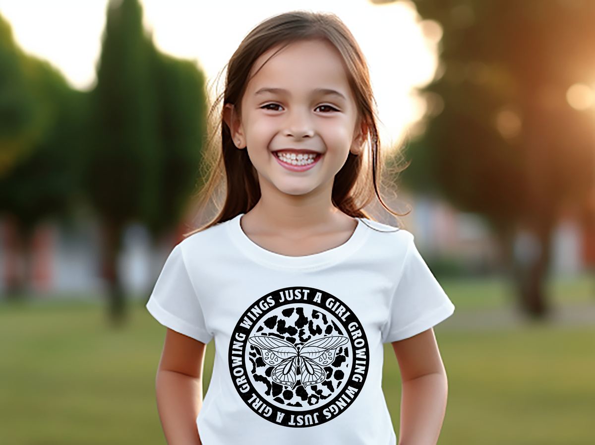 Just A Girl Growing Wings Butterfly with Leopard Background 116480 DTF Transfer