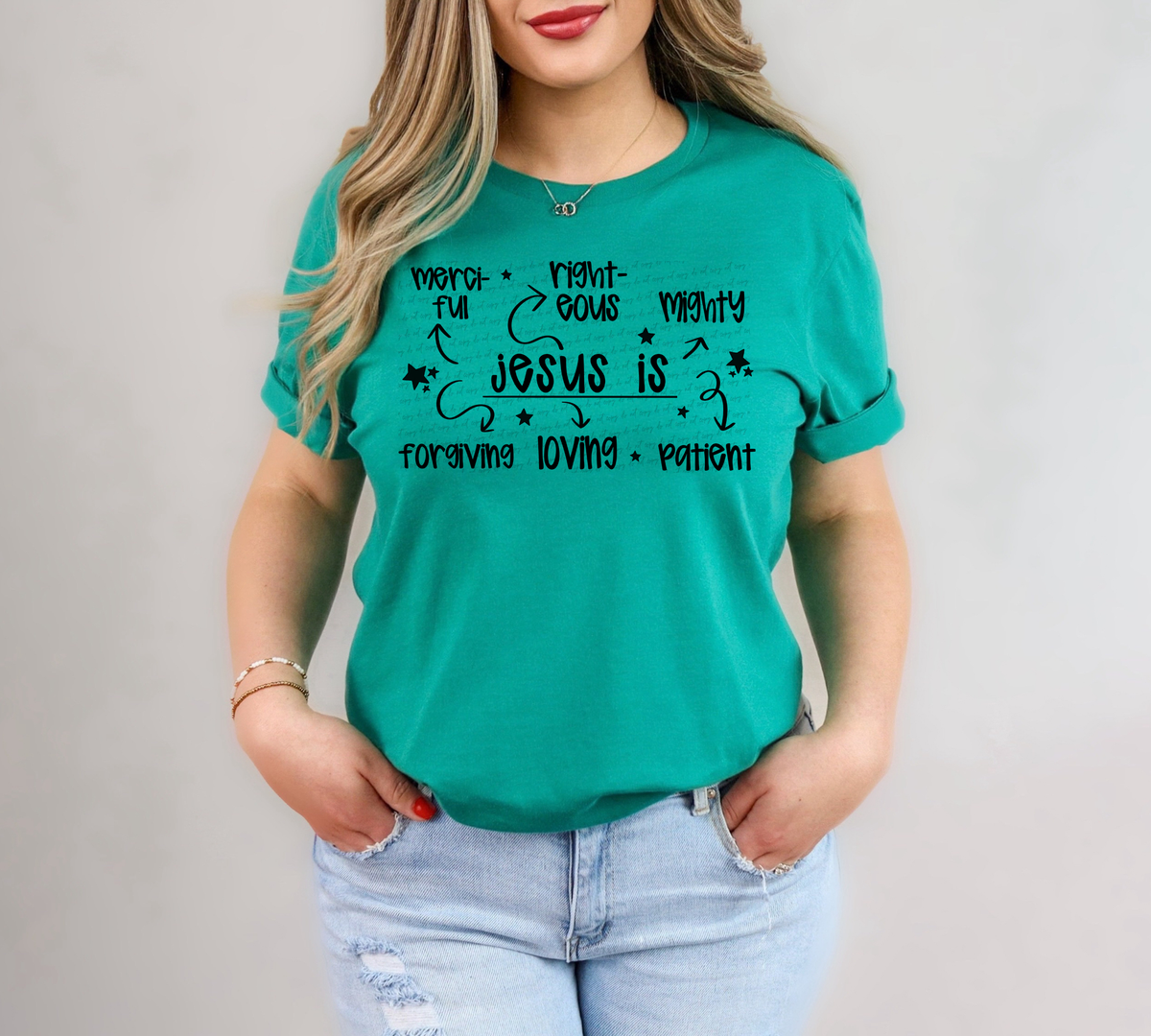 Jesus Is Merciful Righteous Mighty Forgiving Loving Patient - Black 86191 DTF Transfer