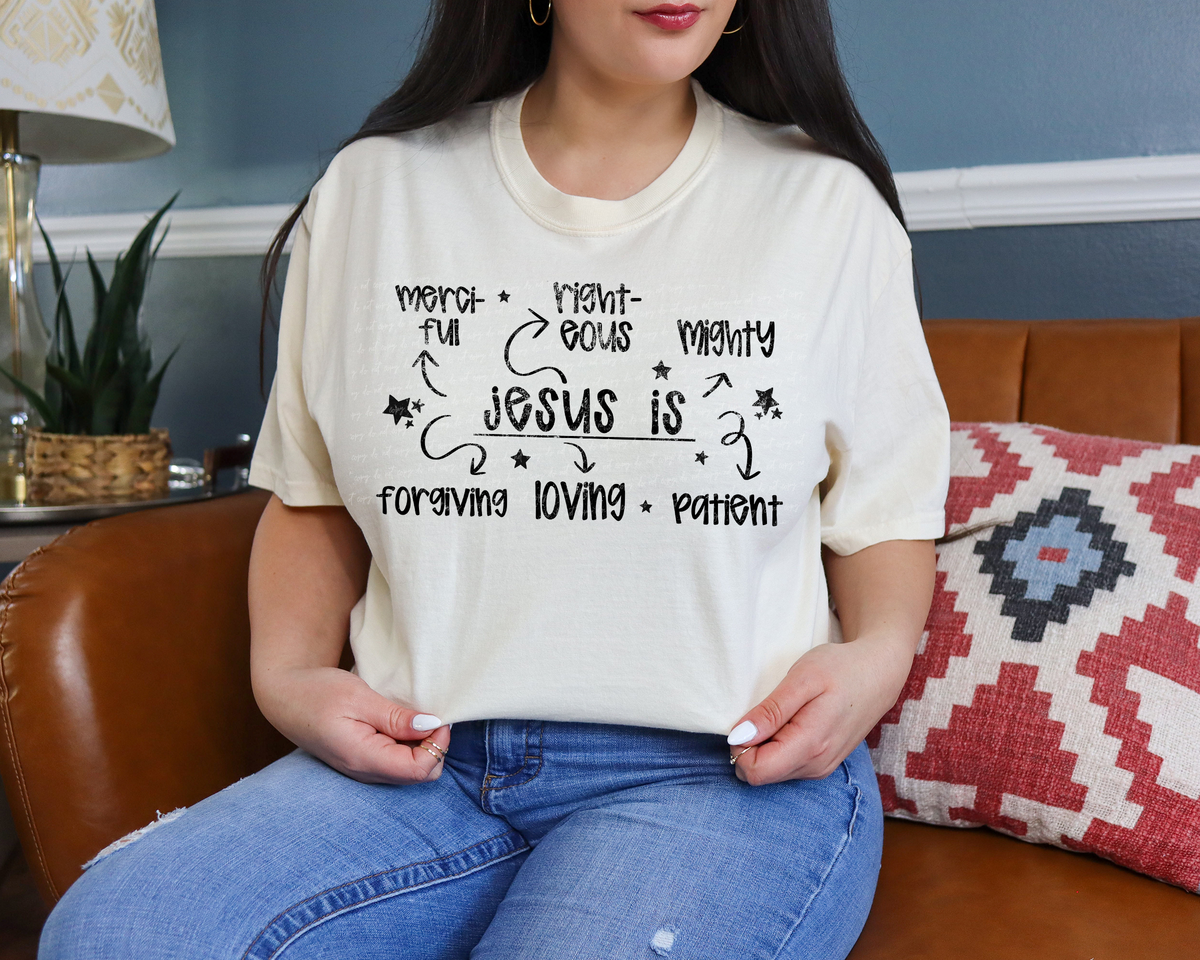 Jesus Is Merciful Righteous Mighty Forgiving Loving Patient Black Grunge 86337 DTF Transfer