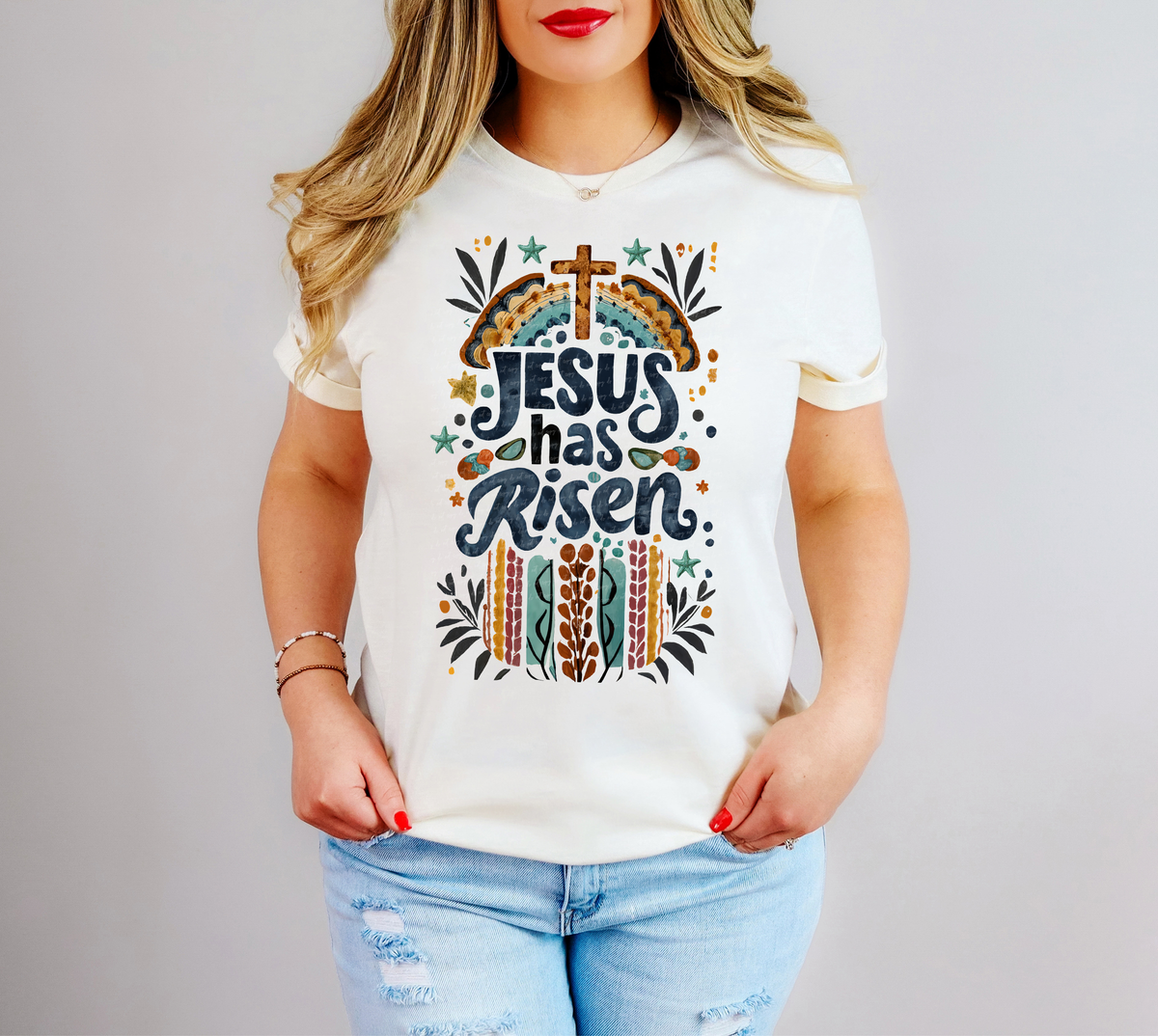 Jesus Has Risen Blue (Rainbow And Cross) 76847 DTF Transfer