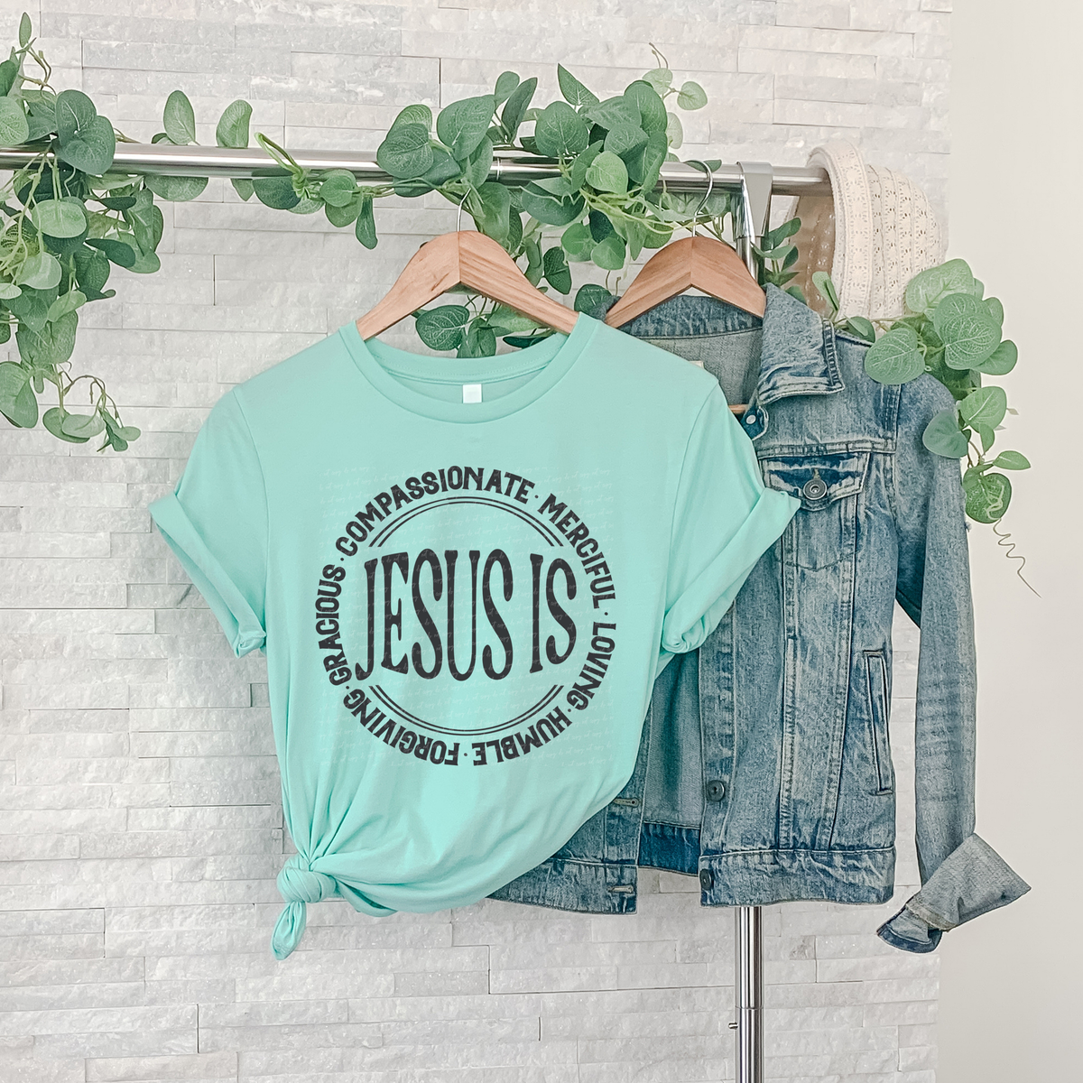 Jesus Is Compassionate Merciful Loving Humble Forgiving Gracious Grey 89011 DTF Transfer