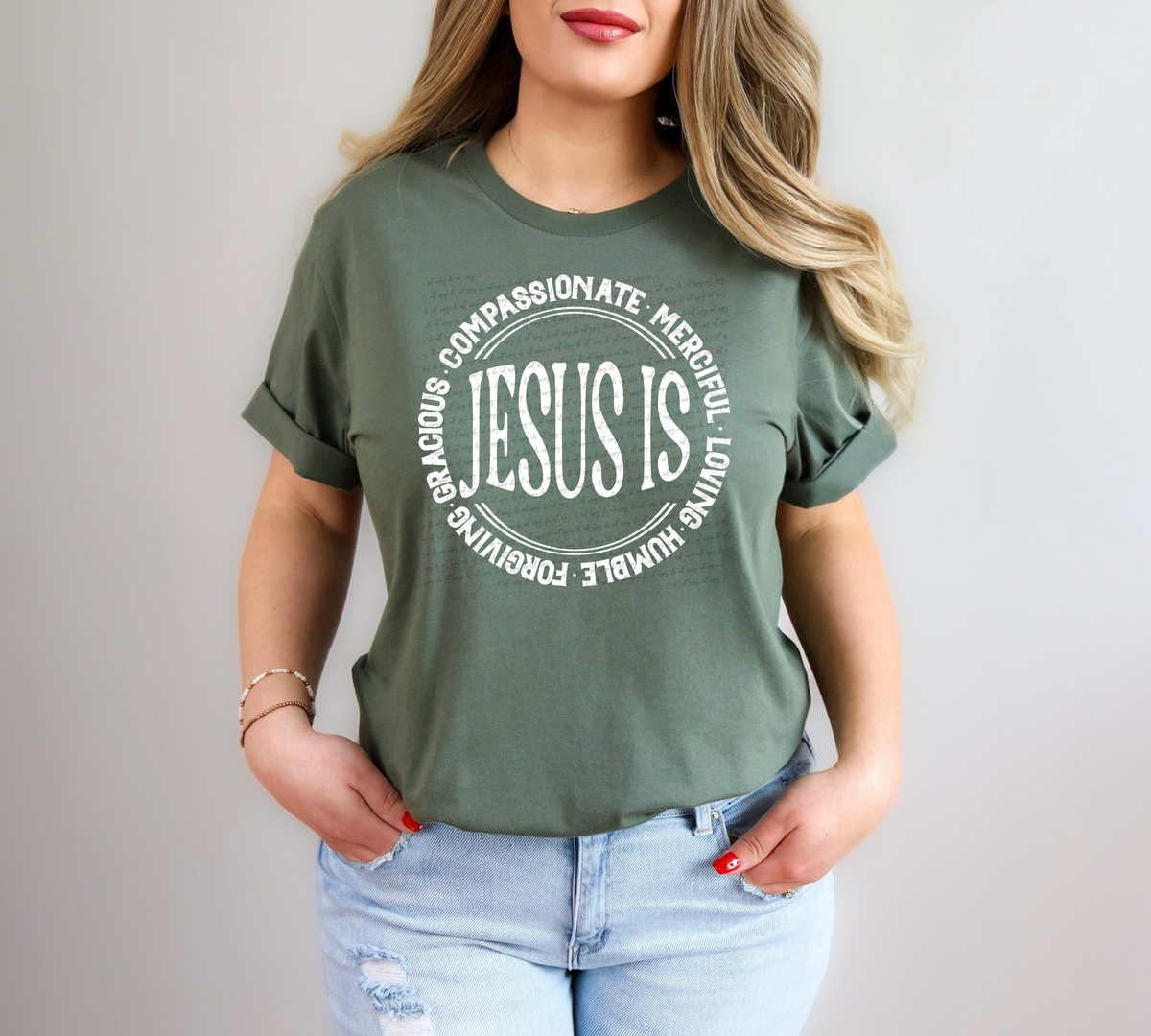 Jesus Is Compassionate Merciful Loving Humble Forgiving Gracious White 89012 DTF Transfer