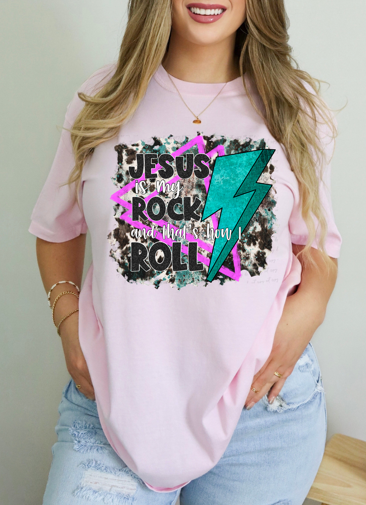 Jesus Is My Rock and That's How I Roll Teal Lightning Bolt Animal Print Background 115182 DTF Transfer