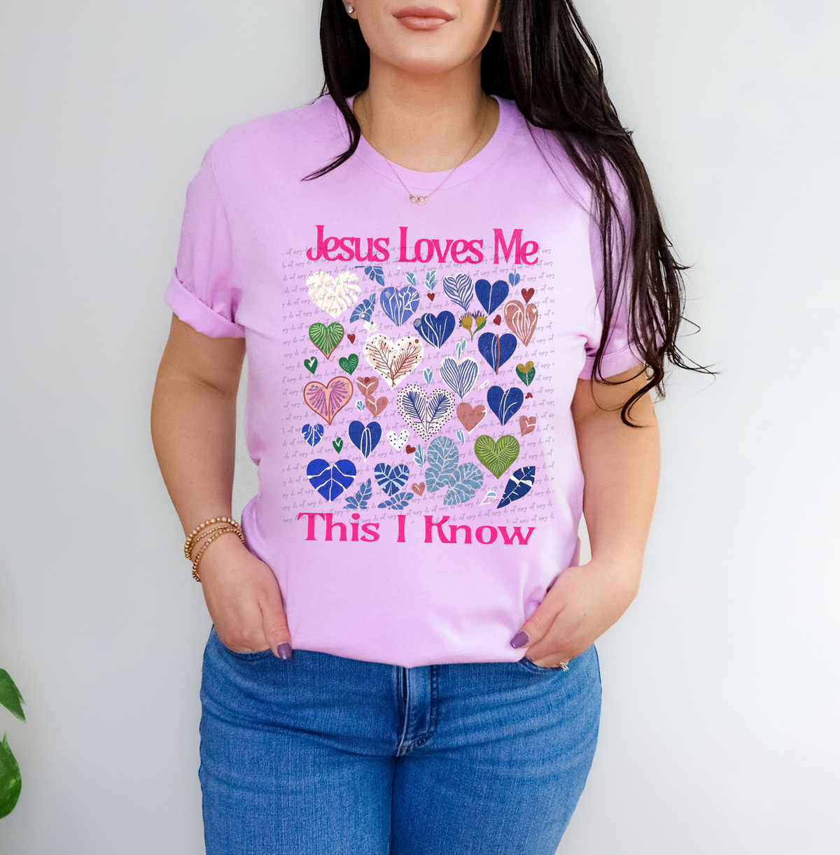 Jesus Loves Me This I Know Floral Pink Hearts 76854 DTF Transfer