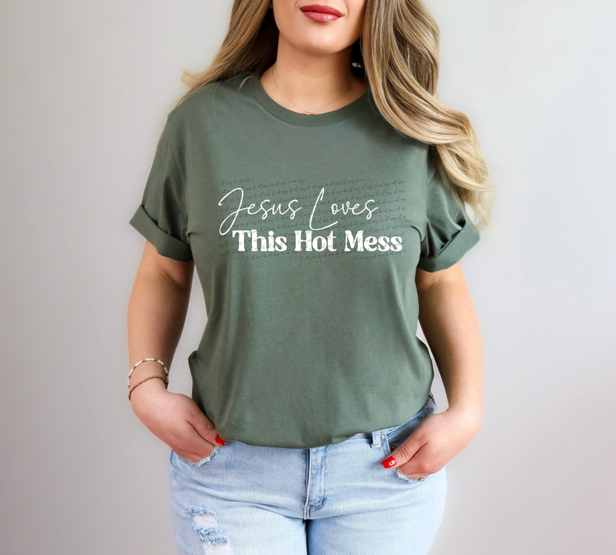 Jesus Loves This Hot Mess Cursive And Serif Font White 89424 DTF Transfer