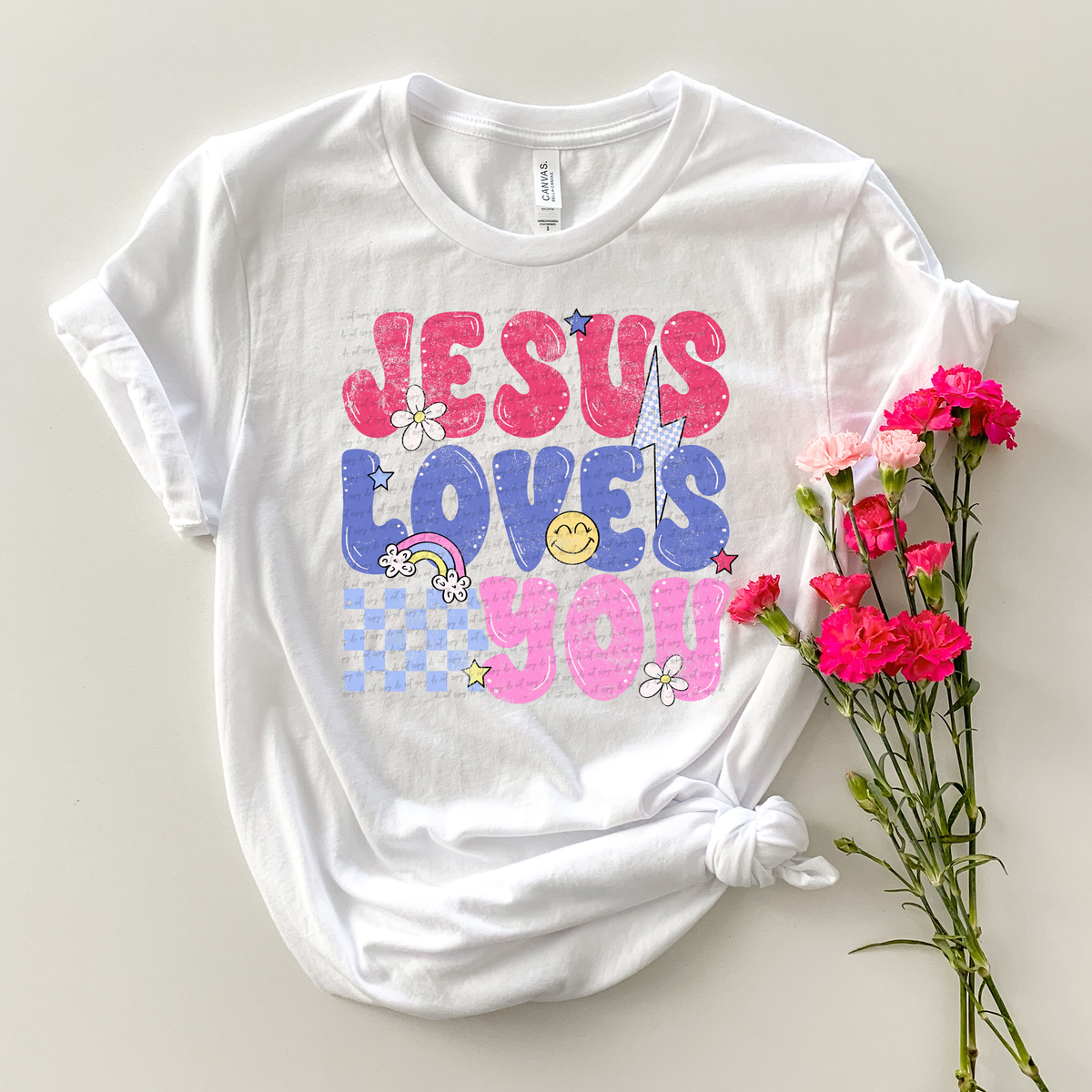 Jesus Loves You Blue Checker Groovy Grunge 86221 DTF Transfer